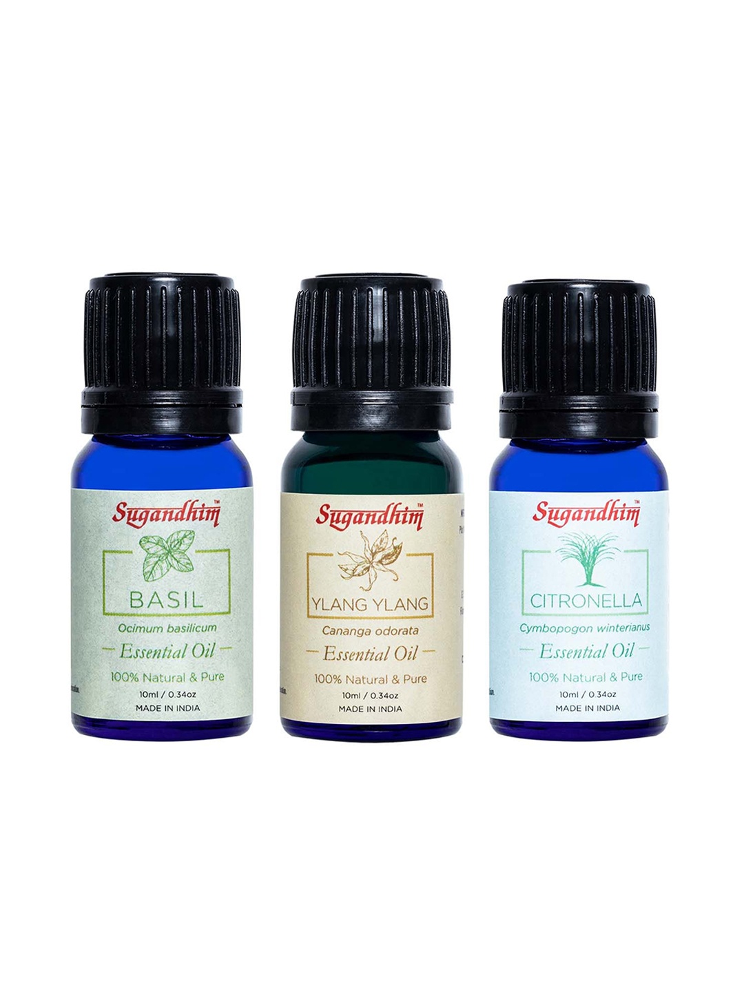 

Sugandhim Set Of 3 Basil, Citronella, Ylang Ylang Essential Oil, Yellow