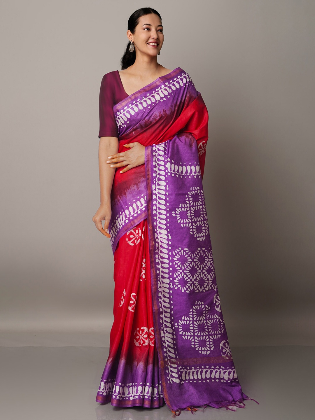 

Unnati Silks Red & Purple Batik Zari Silk Blend Chanderi Saree