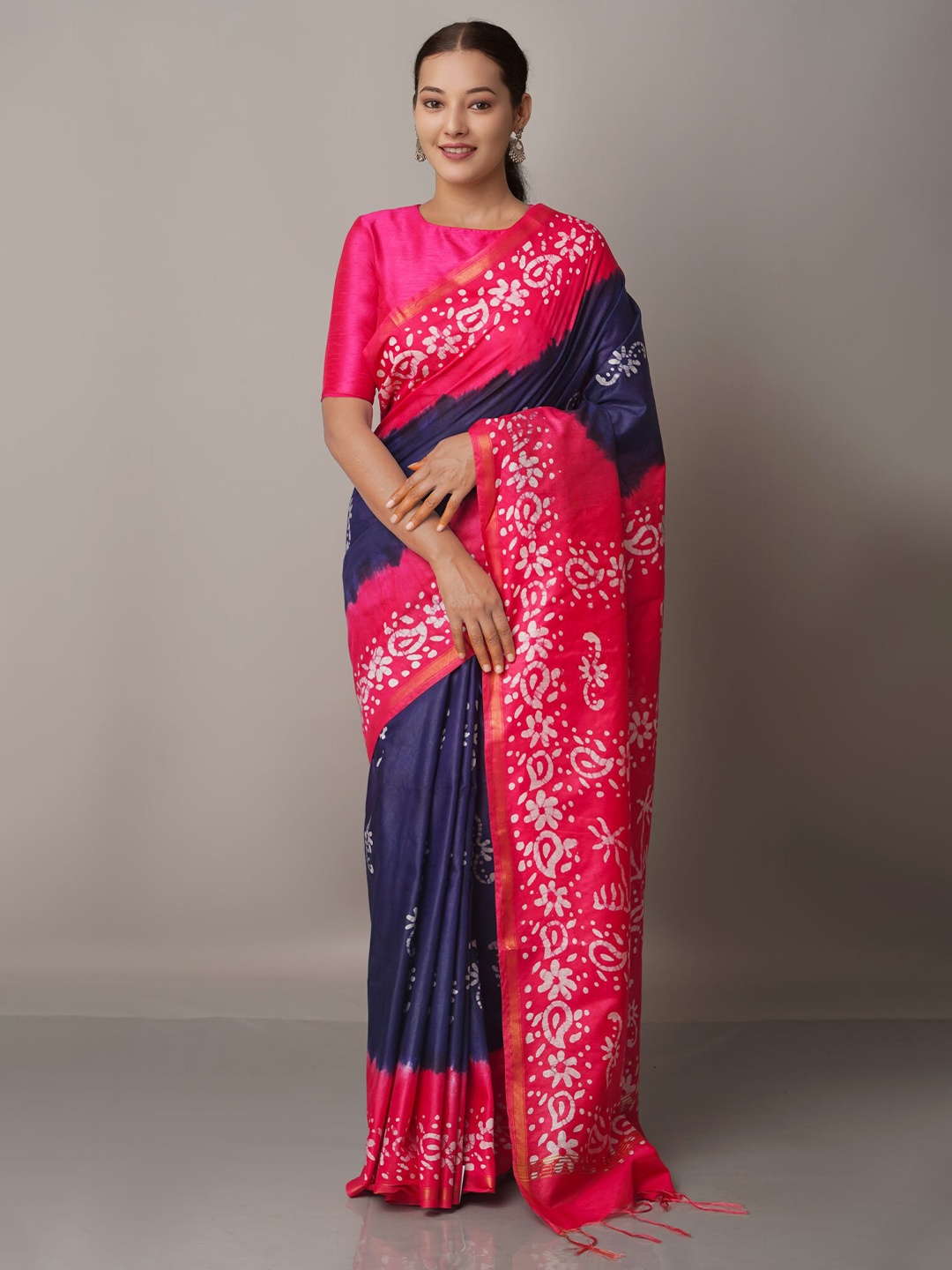 

Unnati Silks Navy Blue & Pink Batik Zari Silk Blend Chanderi Saree