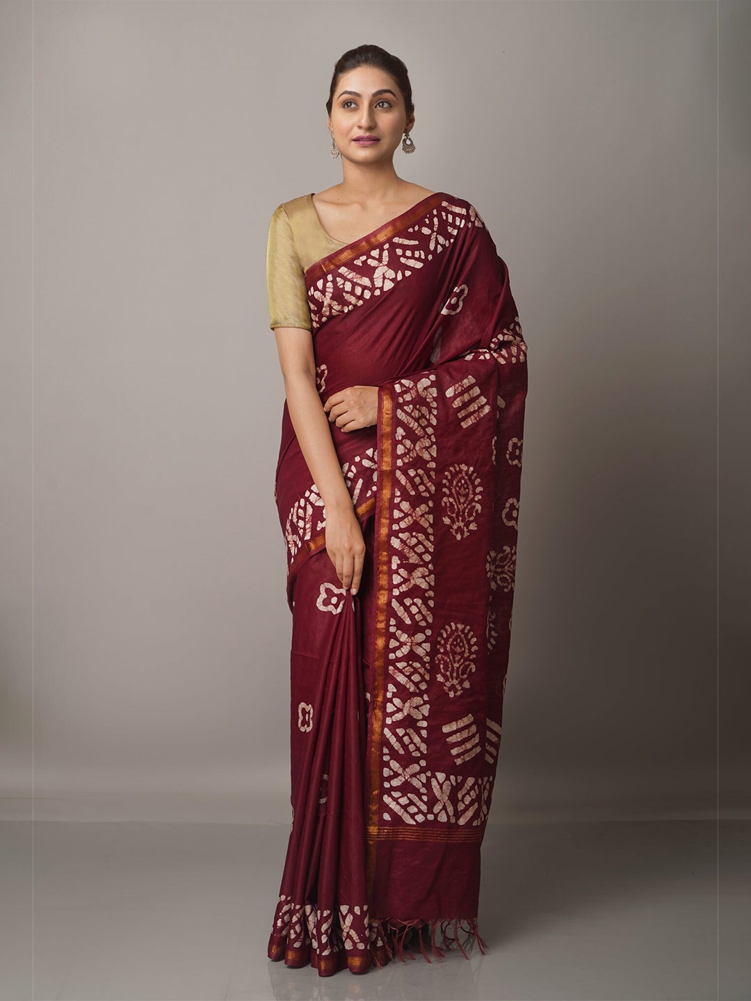 

Unnati Silks Maroon & Gold Batik Zari Silk Blend Chanderi Saree