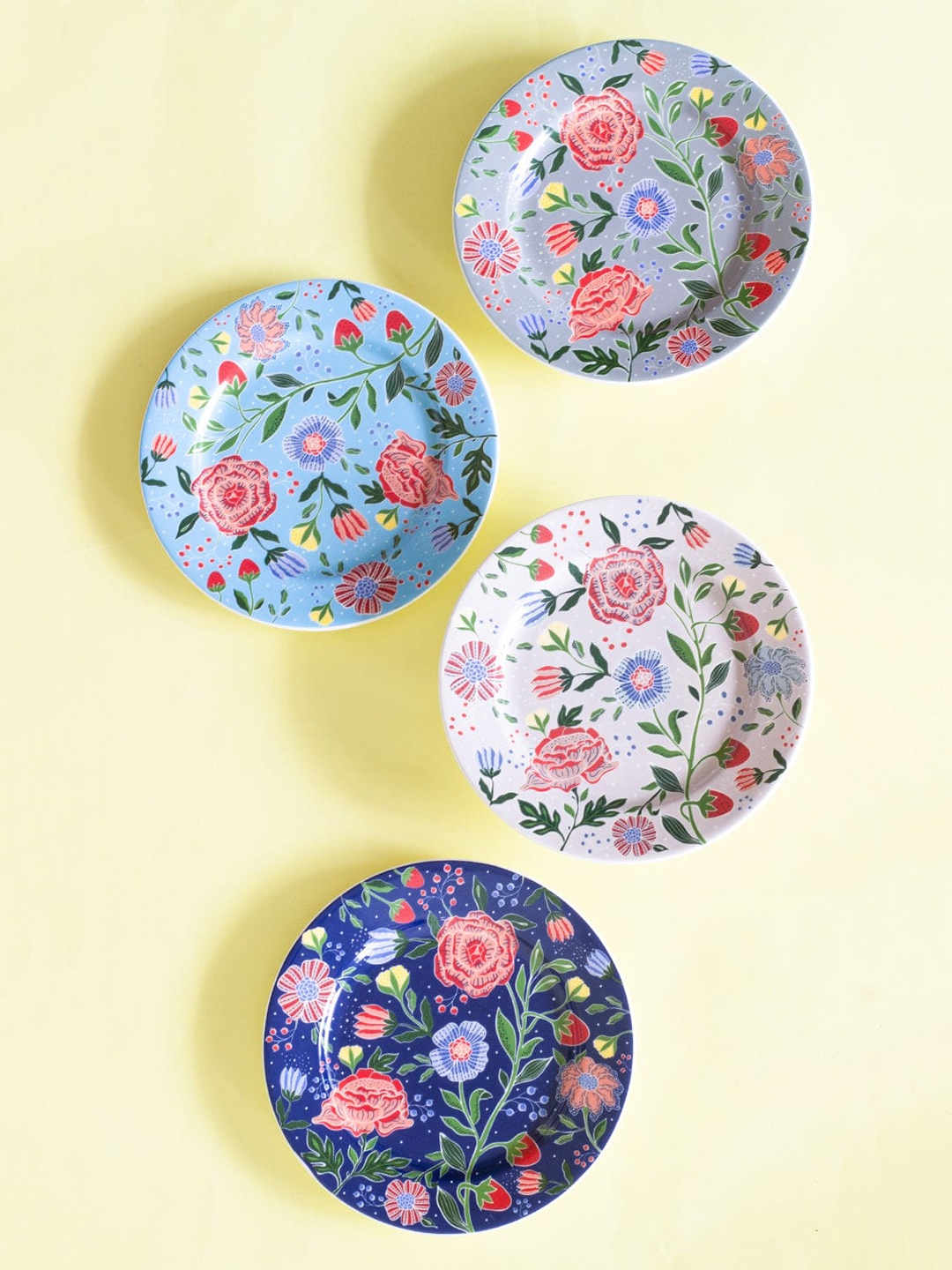 

The Wishing Chair Blue & Pink 4 Pieces Floral Printed Bone China Glossy Plates