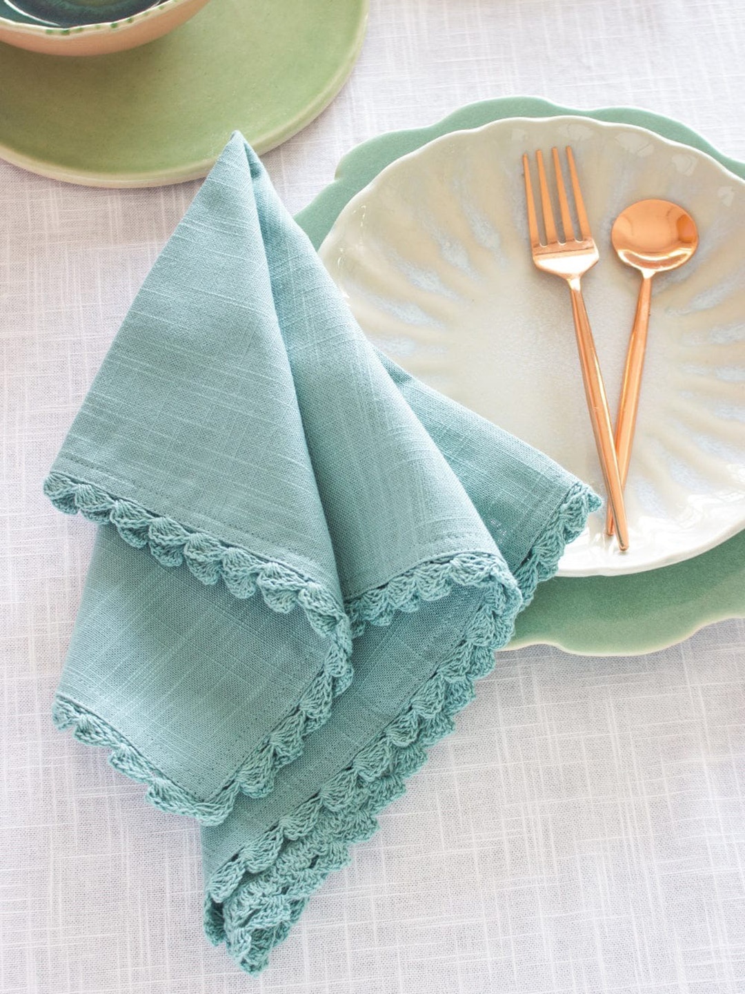

The Wishing Chair Set Of 6 Teal Blue Solid Crochet Cotton Table Napkins