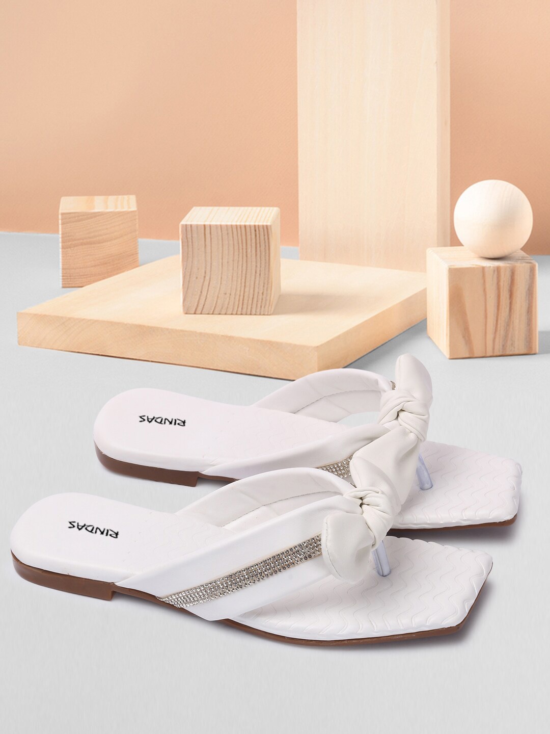 

RINDAS Women Embellished Open Toe Flats with Bows, White