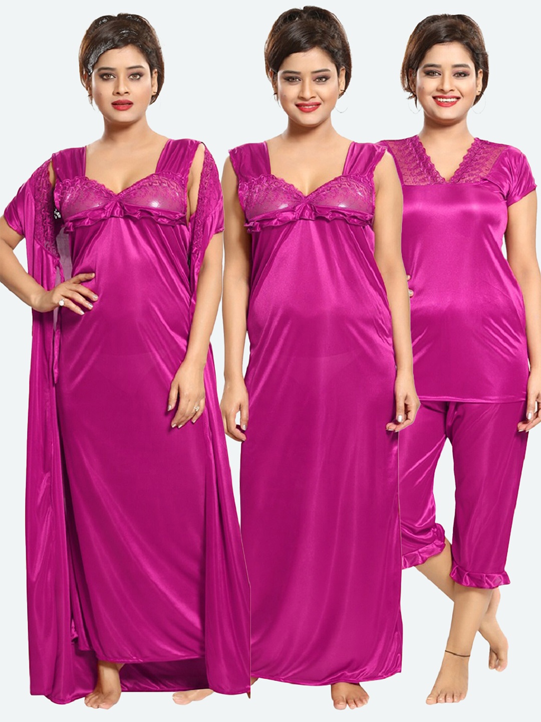 

Romaisa Women Magenta Maxi Nightdress Set With Robe Top & Capri