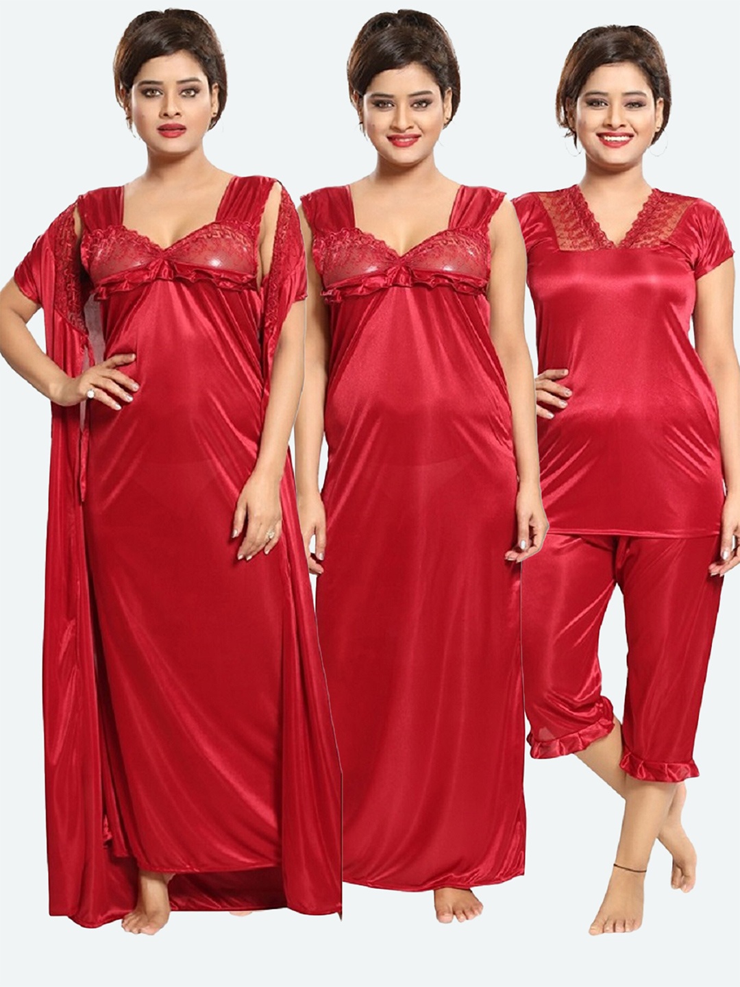 

Romaisa Women Maroon Maxi Nightdress Set With Robe Top & Capri