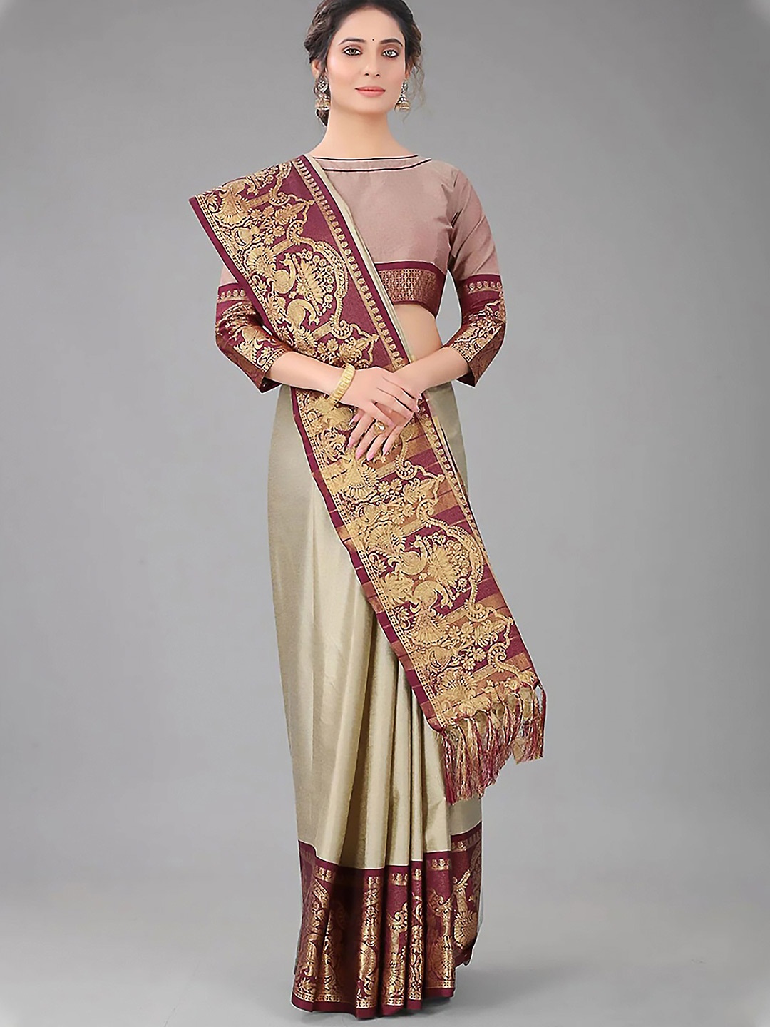 

Paramparik Textile Beige & Maroon Ethnic Motifs Pure Silk Ready to Wear Dharmavaram Saree