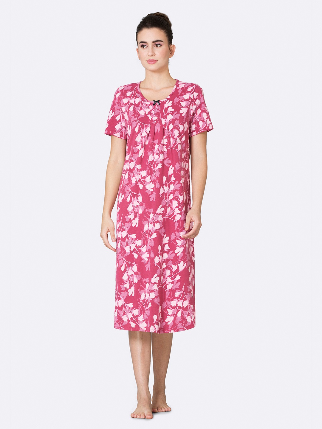 

Van Heusen Allover Print Round Neck Pleated Front Lounge Night Gown, Pink