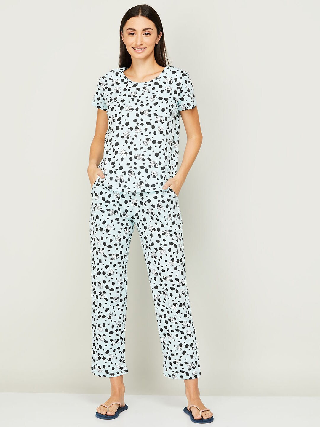 

Ginger by Lifestyle Women Printed Pure Cotton T-shirt with Pyjama, Blue