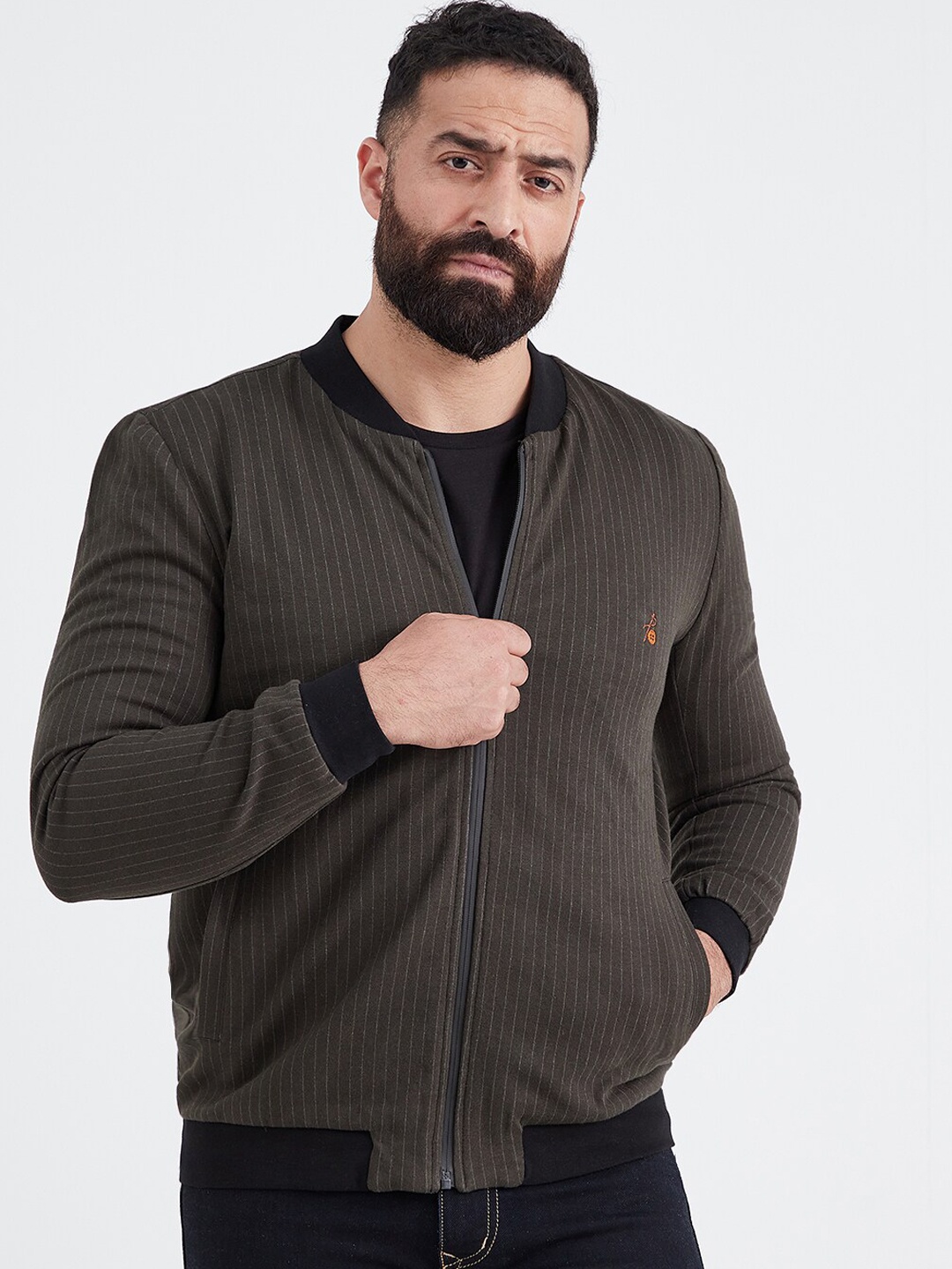 

MR BUTTON Men Brown Striped Open Front Jacket