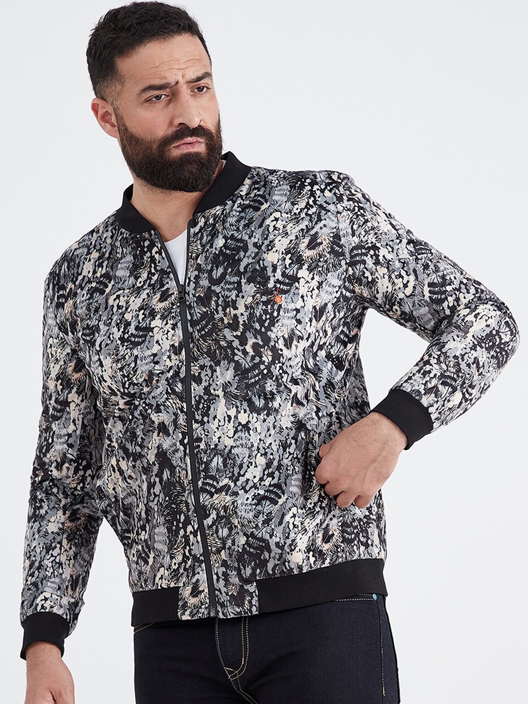 

MR BUTTON Men Black & Grey Printed Open Front Jacket