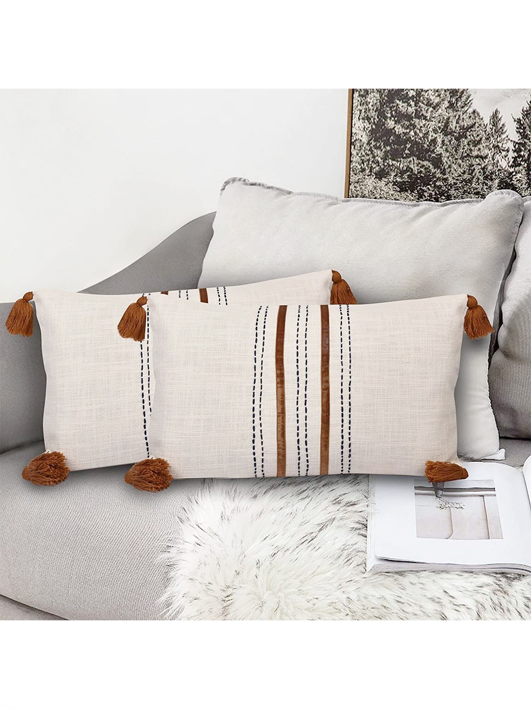 

aRDENMEAD Set of 2 Embroidered Rectangle Cushion Covers, Off white