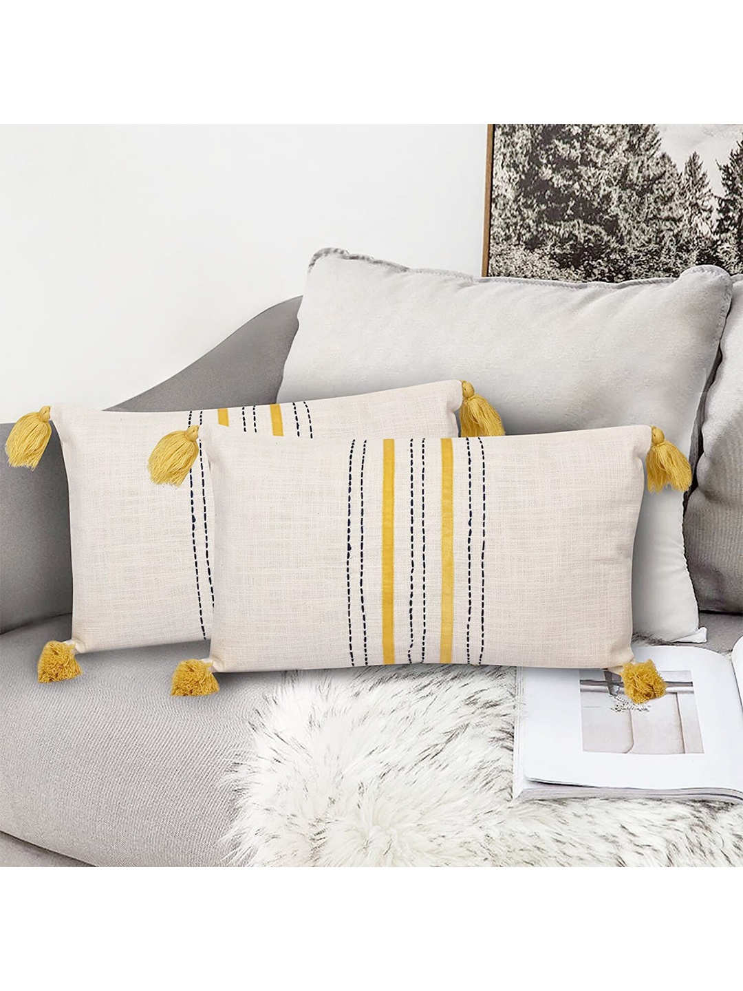 

aRDENMEAD Set of 2 Striped Rectangle Cushion Covers, Off white
