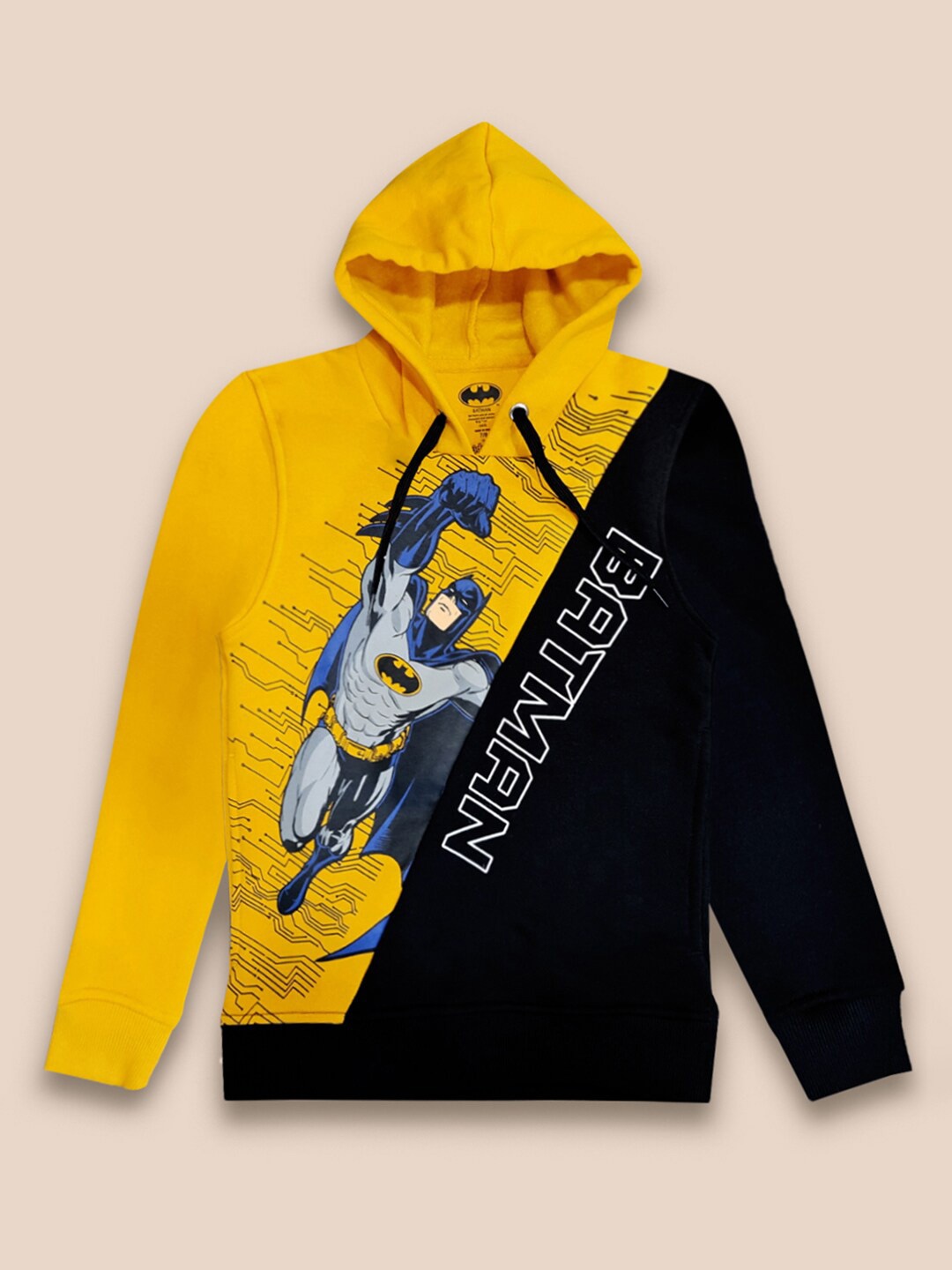 

Kids Ville Boys Yellow Batman Printed Hooded Sweatshirt