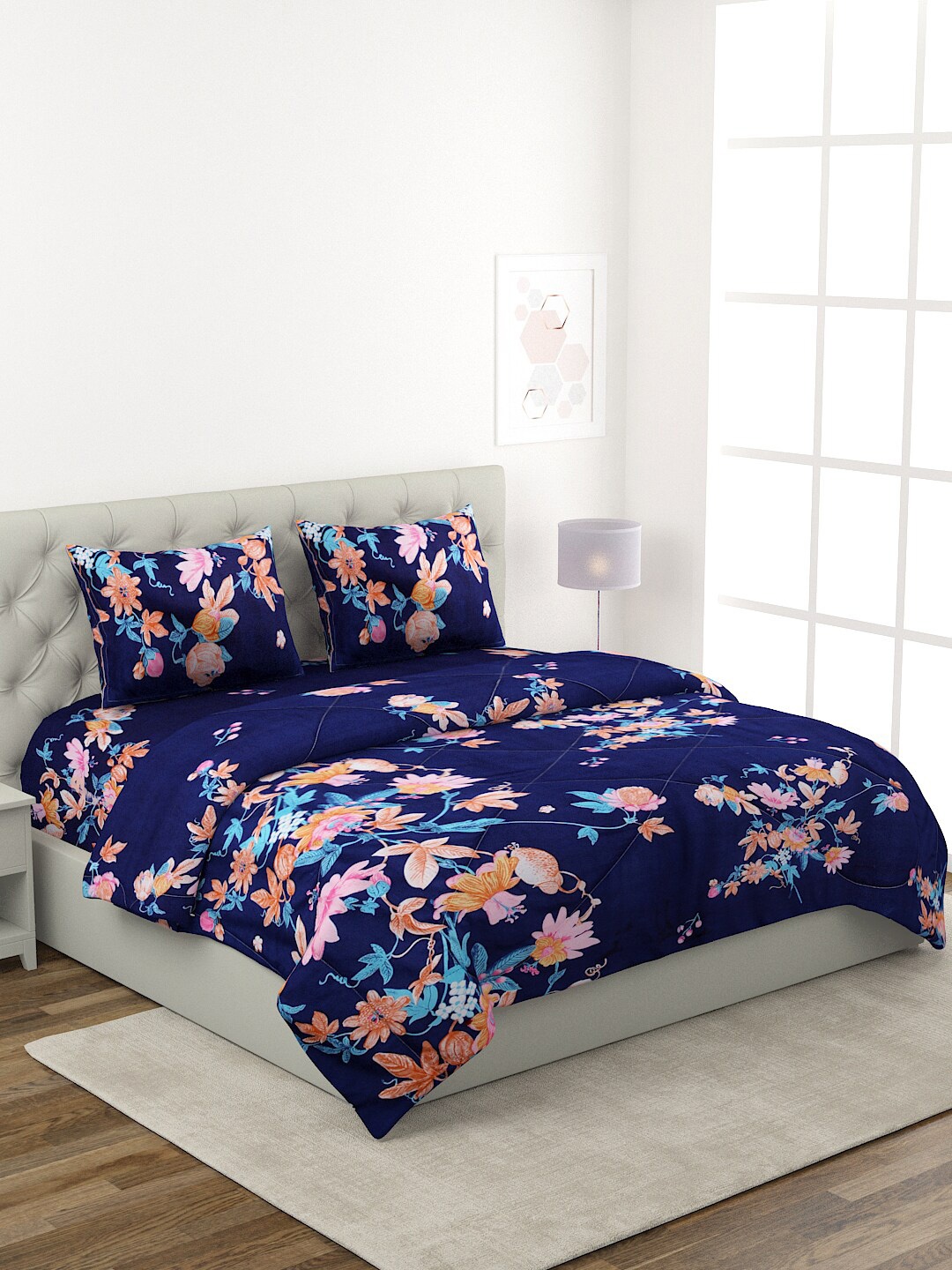 

ROMEE Blue Floral Printed Double King Bedding Set With Quilt
