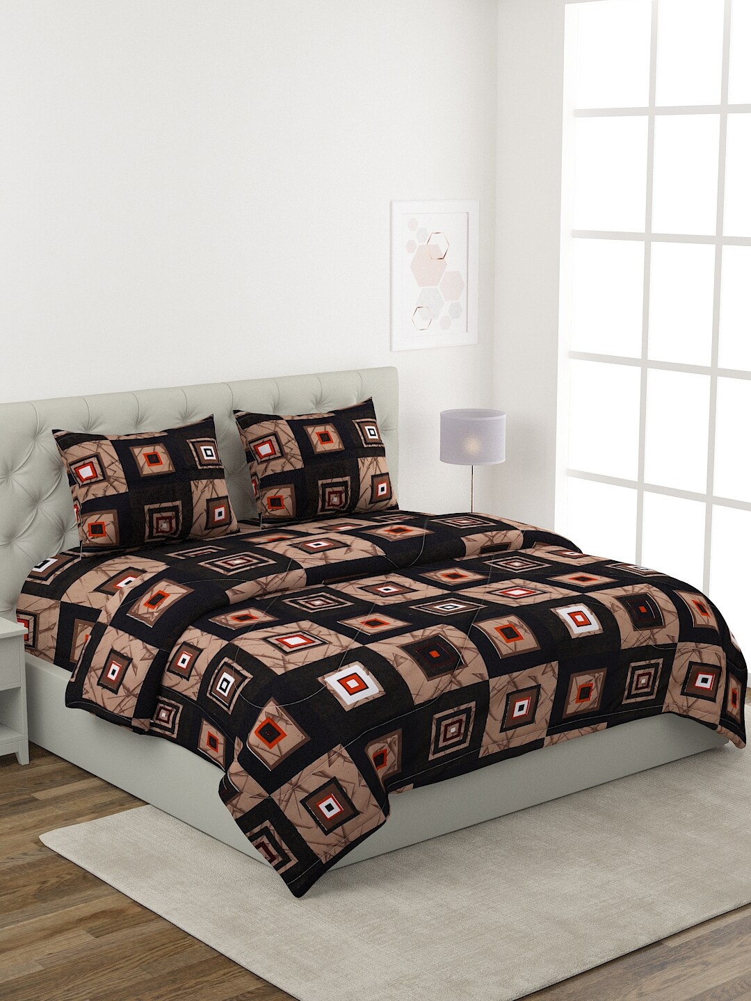 

ROMEE Brown & Orange Printed Pure Cotton Double King Bedding Set
