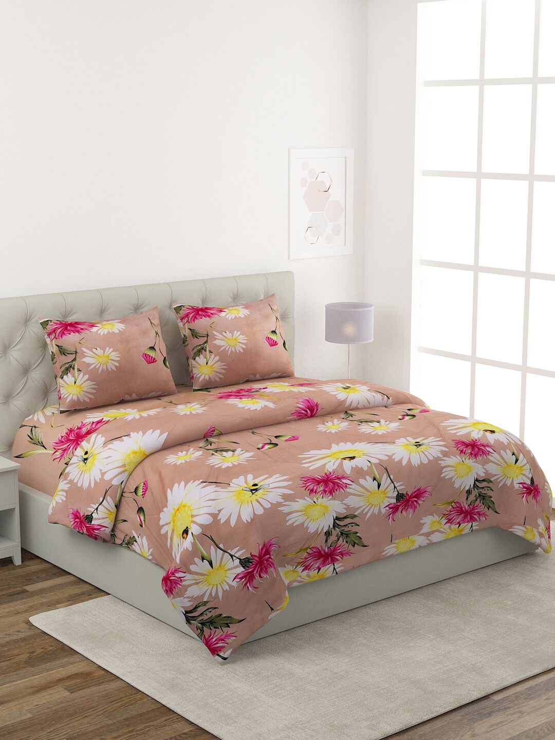 

ROMEE Beige & White Floral Printed Pure Cotton Double King Bedding Set
