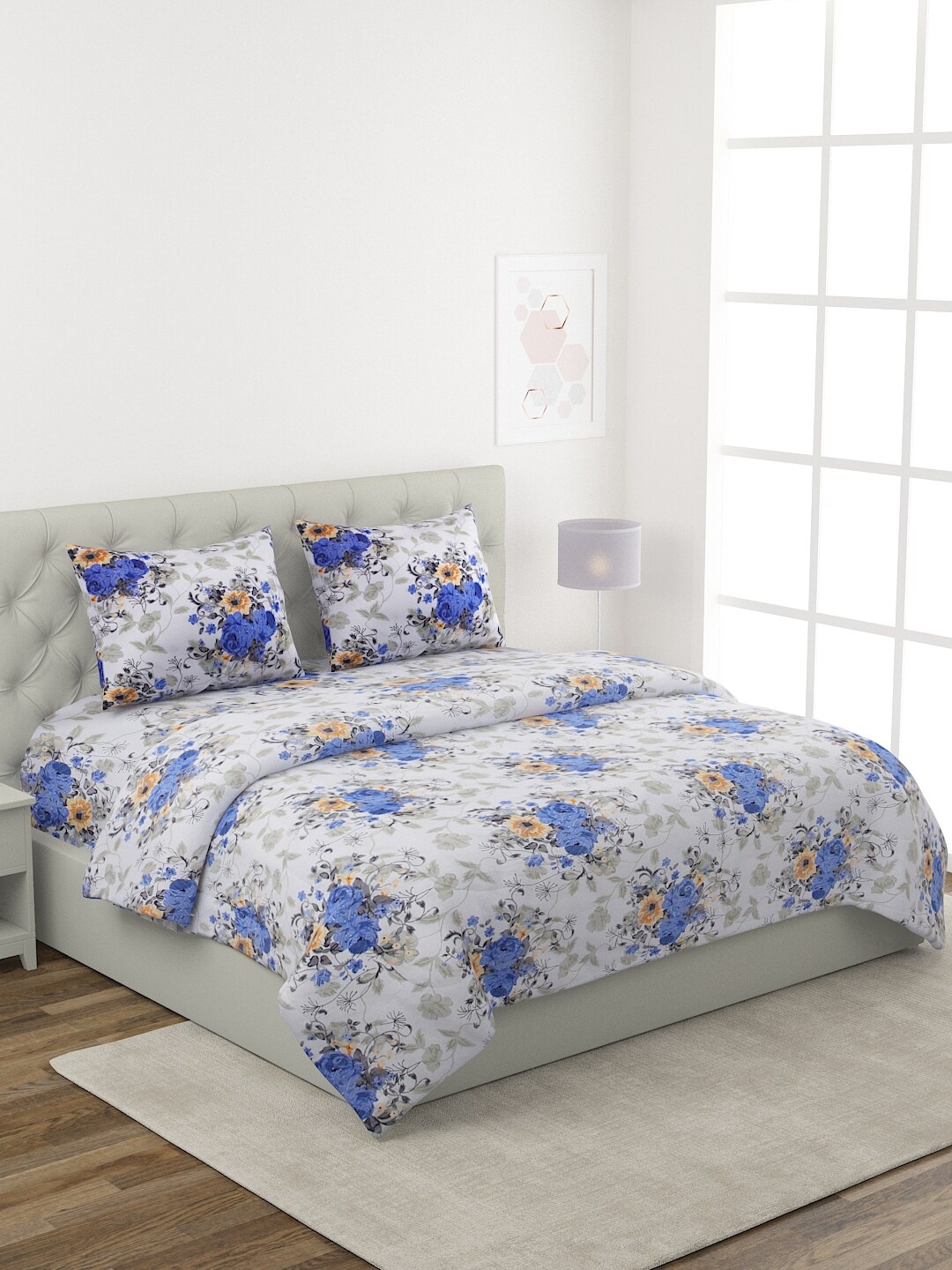 

ROMEE White & Grey Floral Printed Pure Cotton Double King Bedding Set