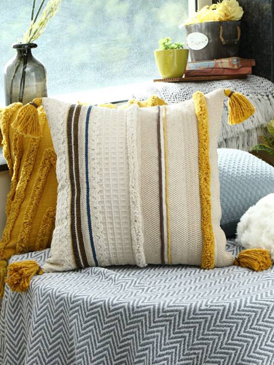 

HERE&NOW Embroidered Square Cotton Cushion Covers, White