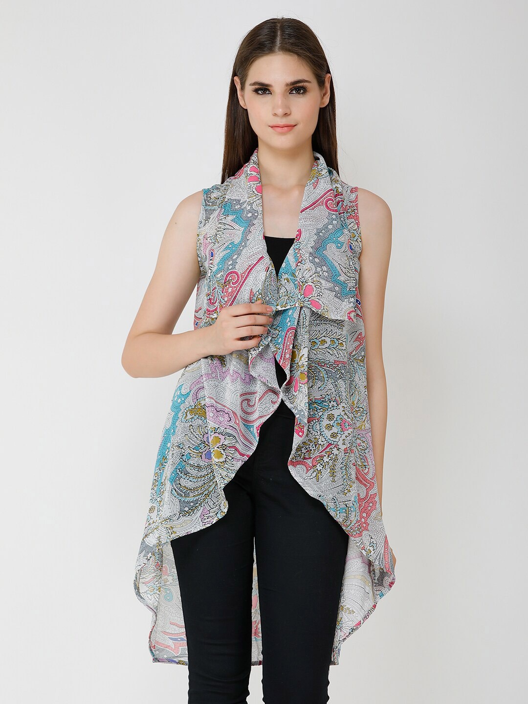 

Cation Women Blue & Pink Printed Longline Waterfall Shrug