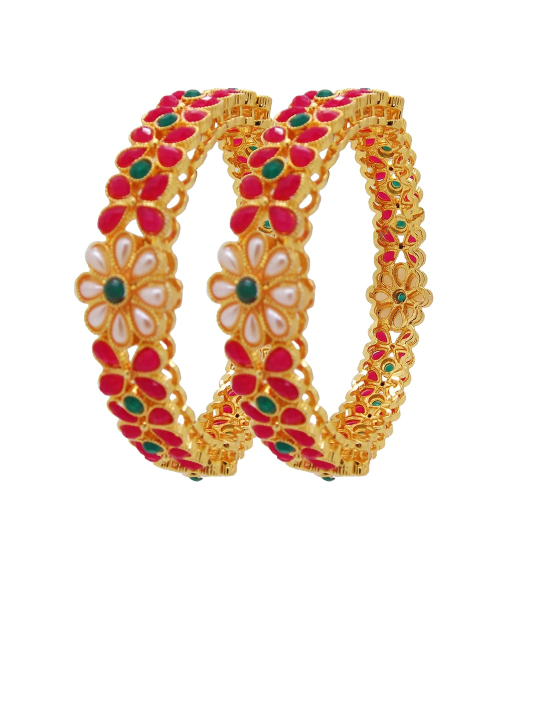 

FEMMIBELLA Set Of 2 Gold-Plated White & Red Stone-Studded & Pearl Beaded Bangles