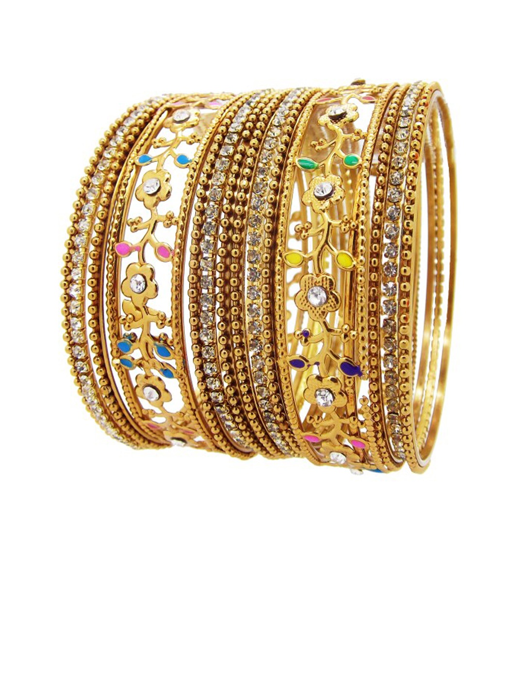 

FEMMIBELLA Set Of 14 Gold-Plated AD Stone Studded Floral Pattern Bangles