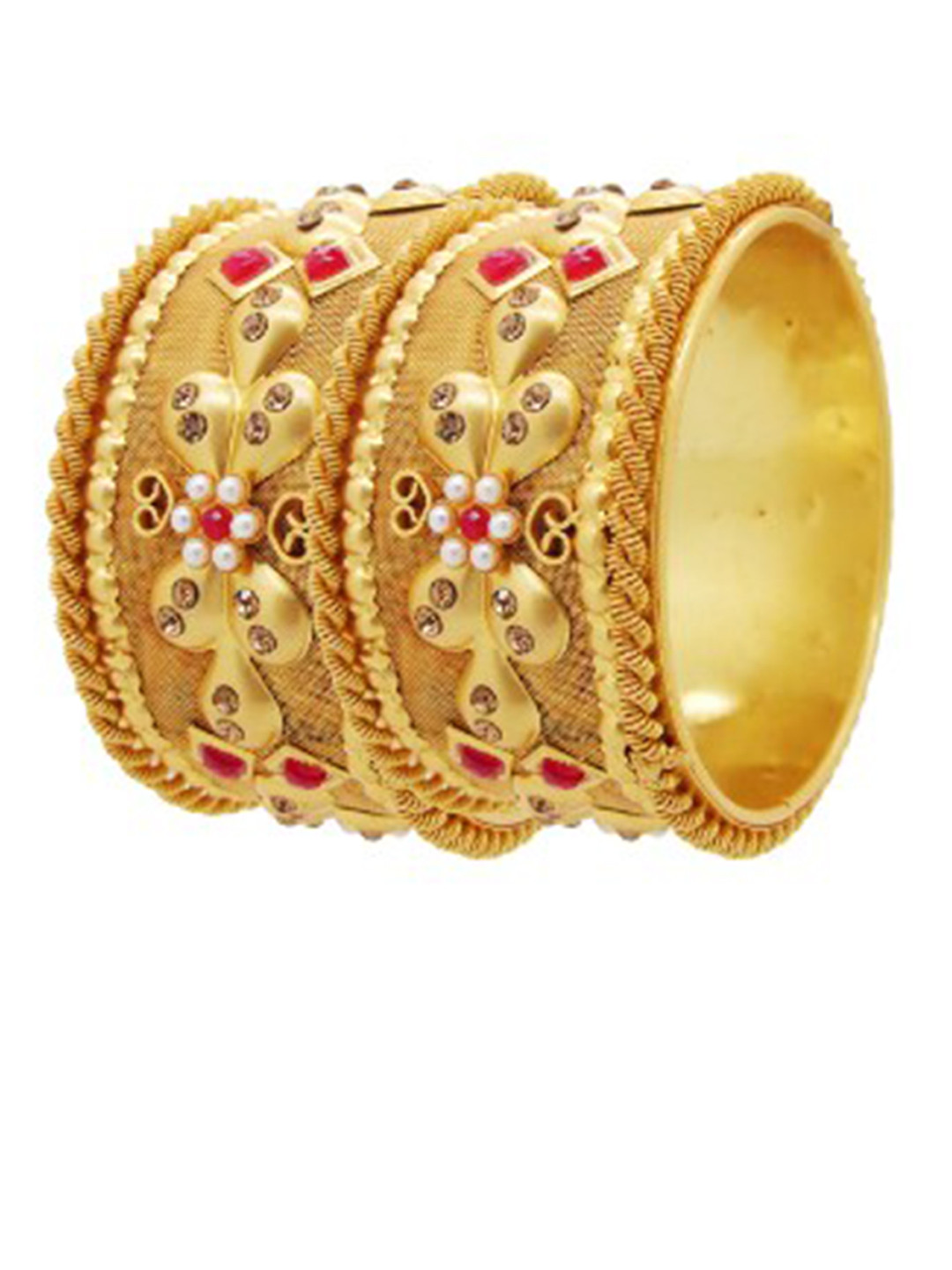 

FEMMIBELLA Set Of 2 Gold-Plated White & Red Stone-Studded Bangles