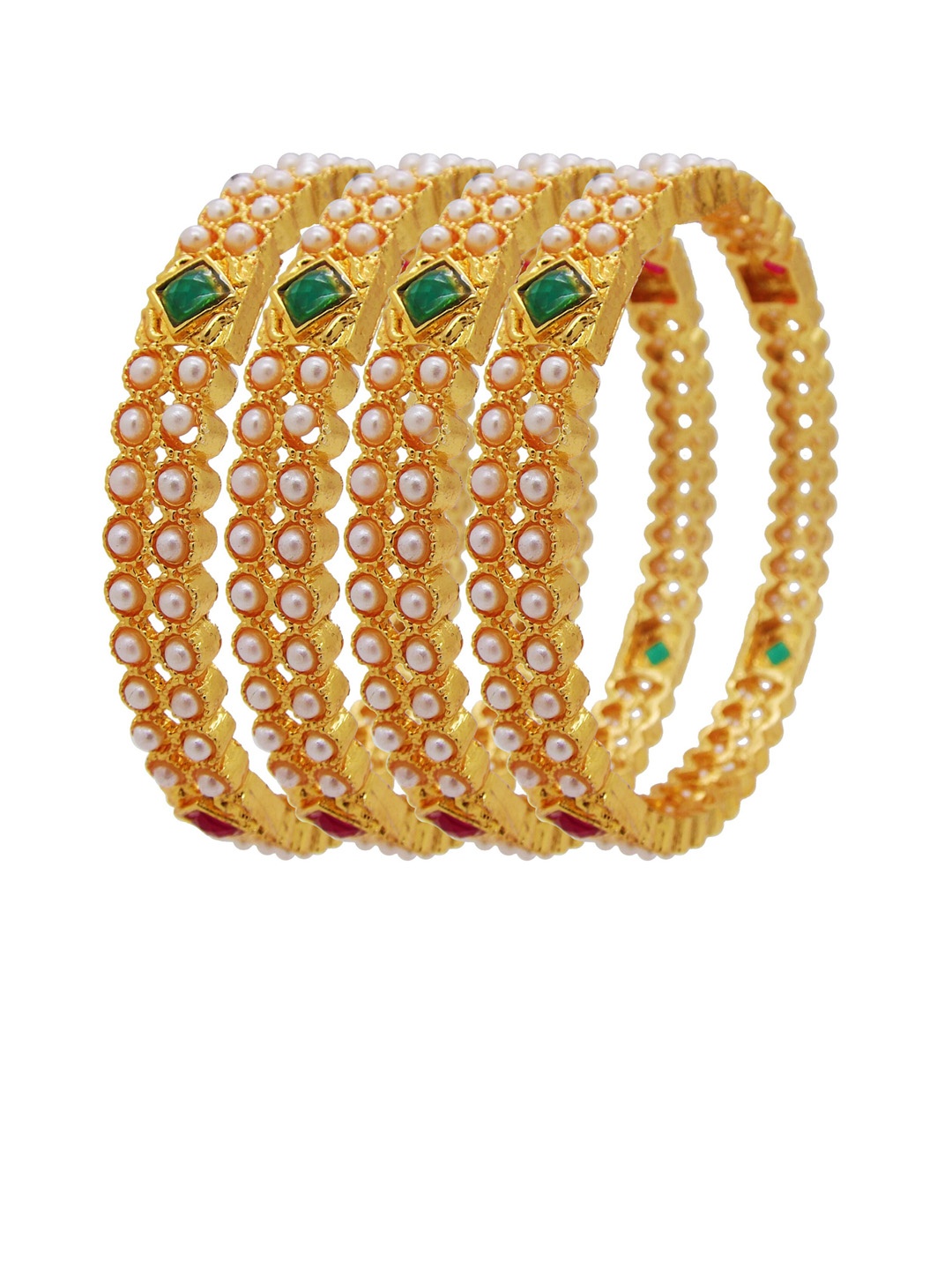 

FEMMIBELLA Set Of 4 Gold-Plated White & Green Stone-Studded & Pearl Beaded Bangles
