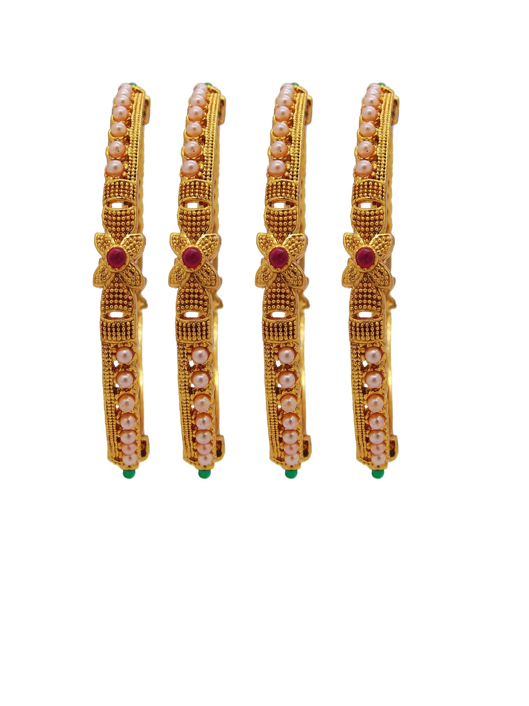 

FEMMIBELLA Set Of 4 Gold-Plated White & Red Stone-Studded & Pearl Beaded Bangles
