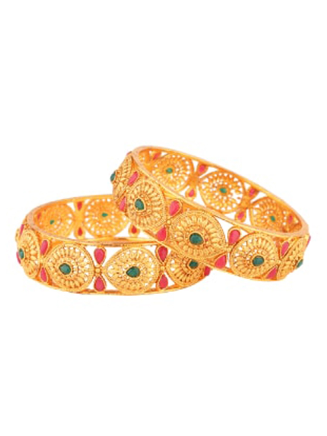

FEMMIBELLA Set Of 2 Gold-Plated Green & Red Stone-Studded Bangles
