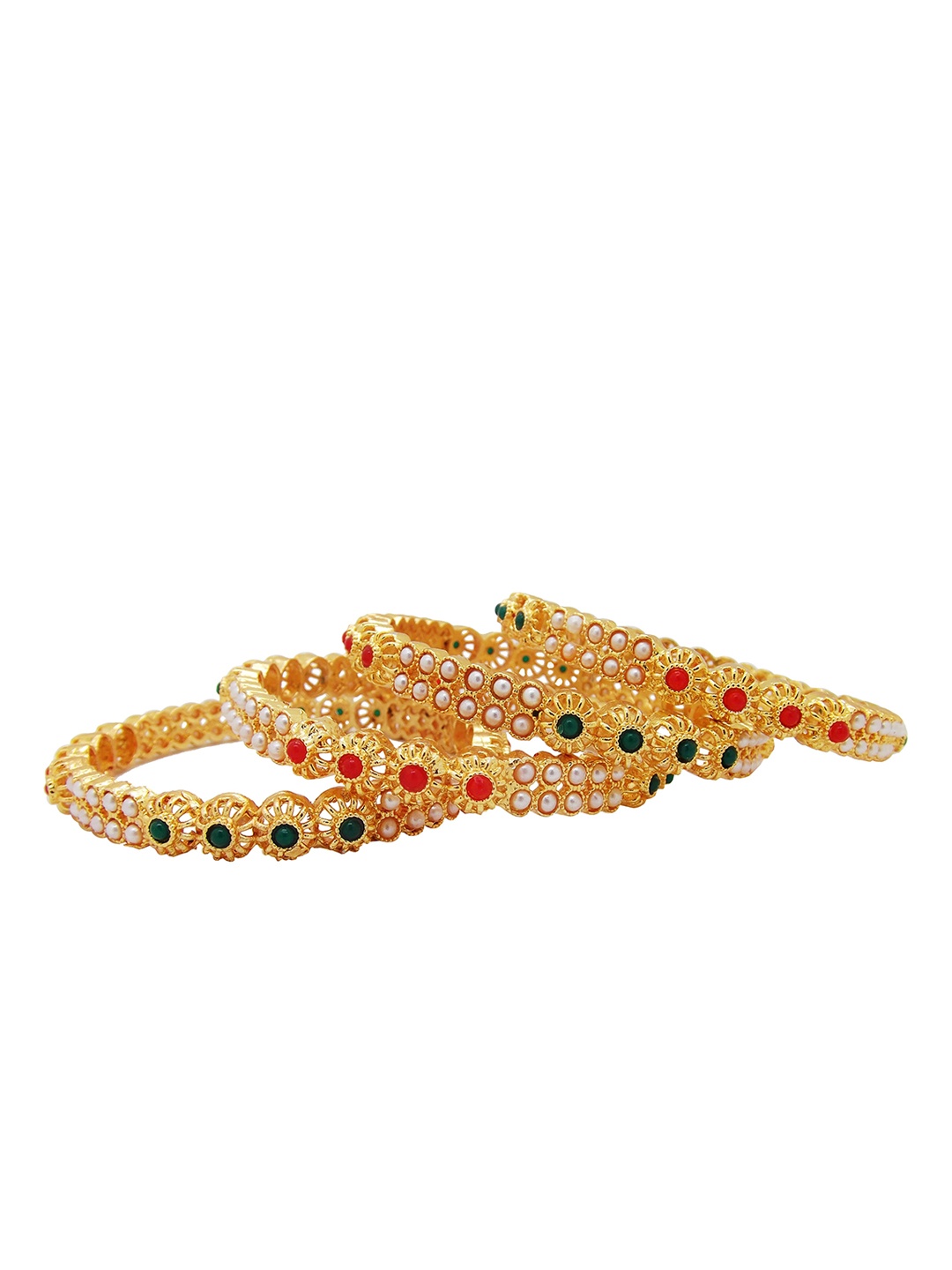 

FEMMIBELLA Set Of 4 Gold-Plated White & Blue Stone-Studded & Pearl Beaded Bangles