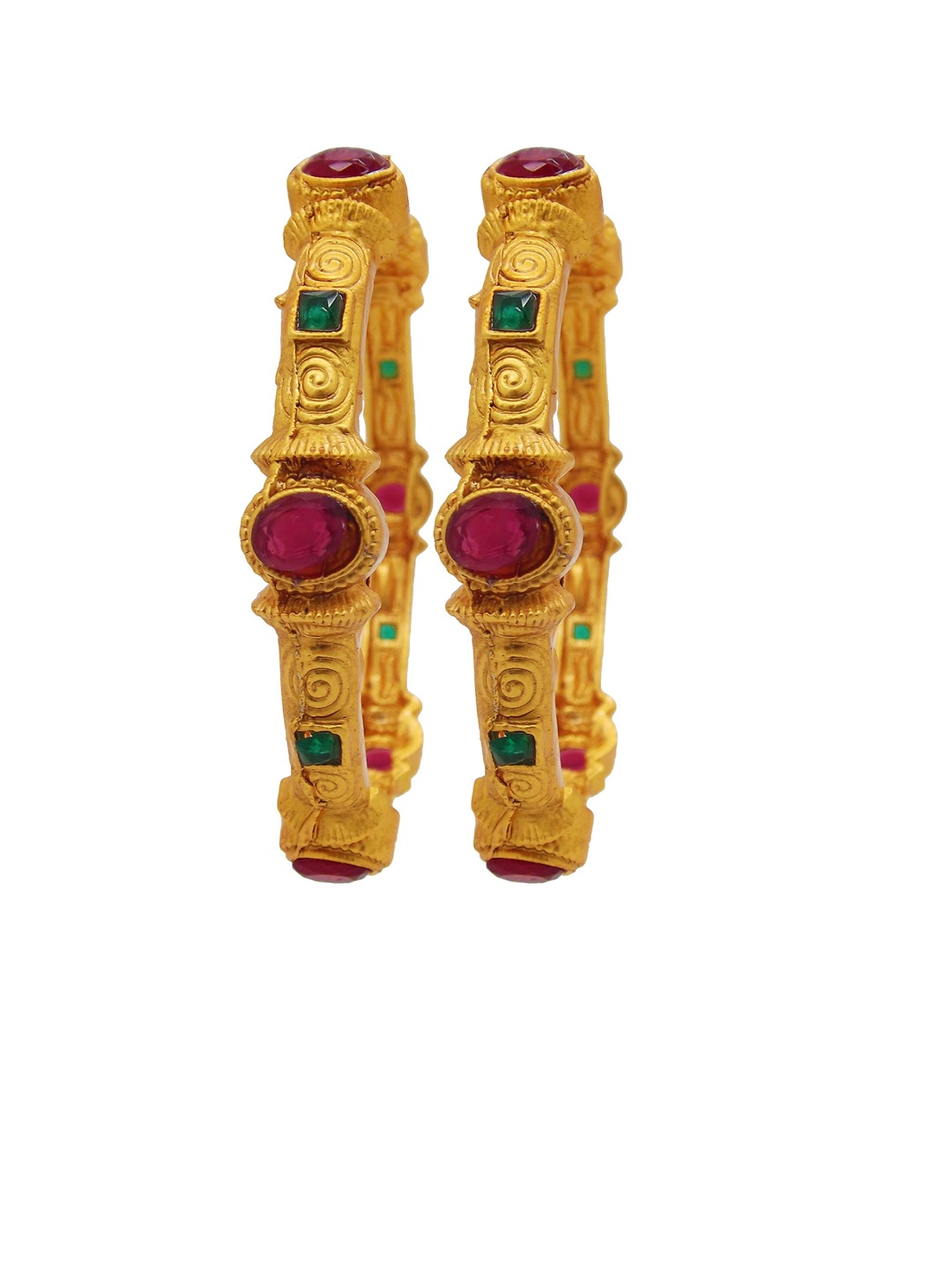 

FEMMIBELLA Set Of 2 Gold-Plated Red & Green Stone-Studded Bangles