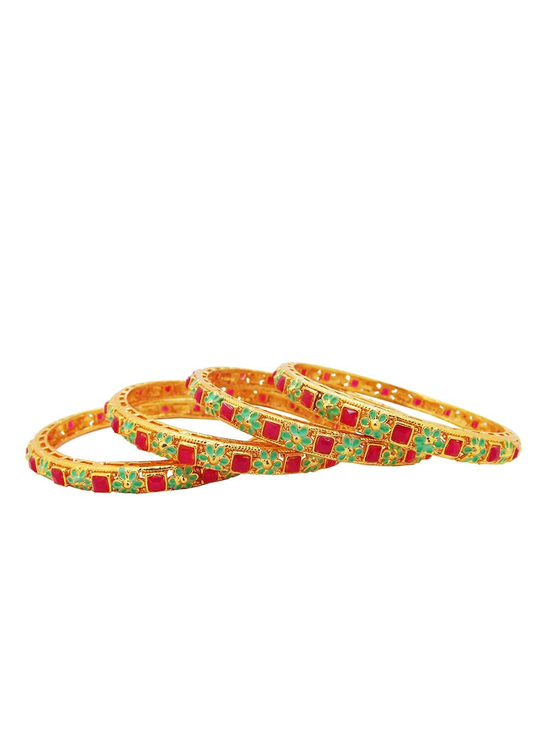 

FEMMIBELLA Set Of 4 Gold-Plated Green & Red Stone-Studded Bangles