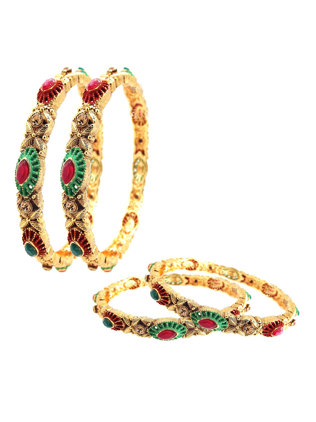 

FEMMIBELLA Set Of 4 Gold-Plated Red & Green Stone-Studded Bangles Set