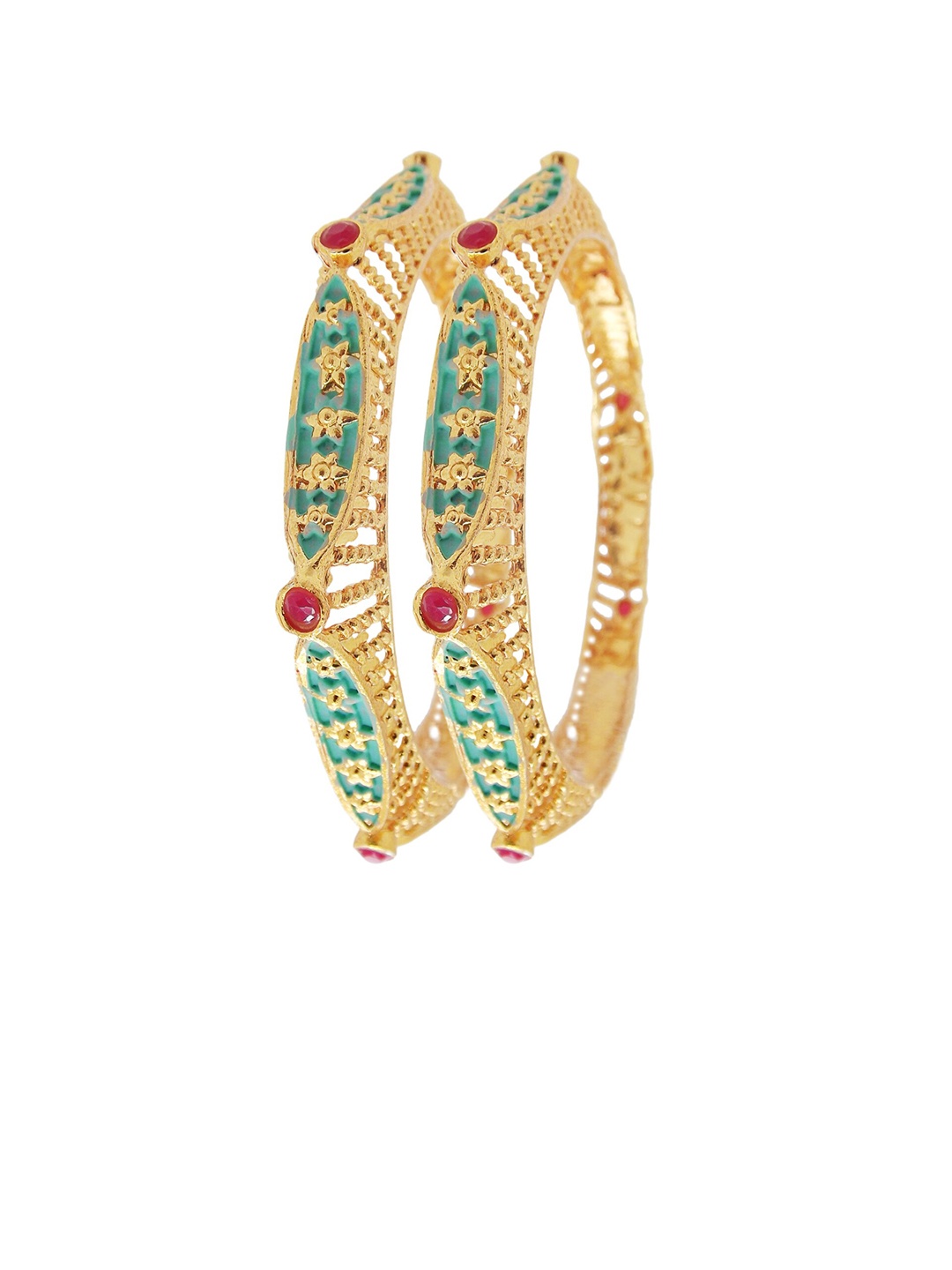 

FEMMIBELLA Set Of 2 Gold-Plated & Pink Stones-Studded Meenakari Bangles