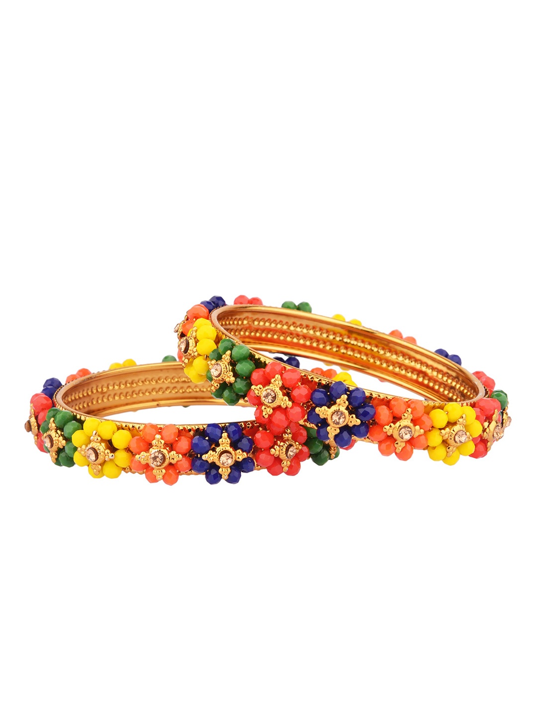 

FEMMIBELLA Set Of 2 Gold-Plated Green & Yellow CZ-Studded Beaded Bangle