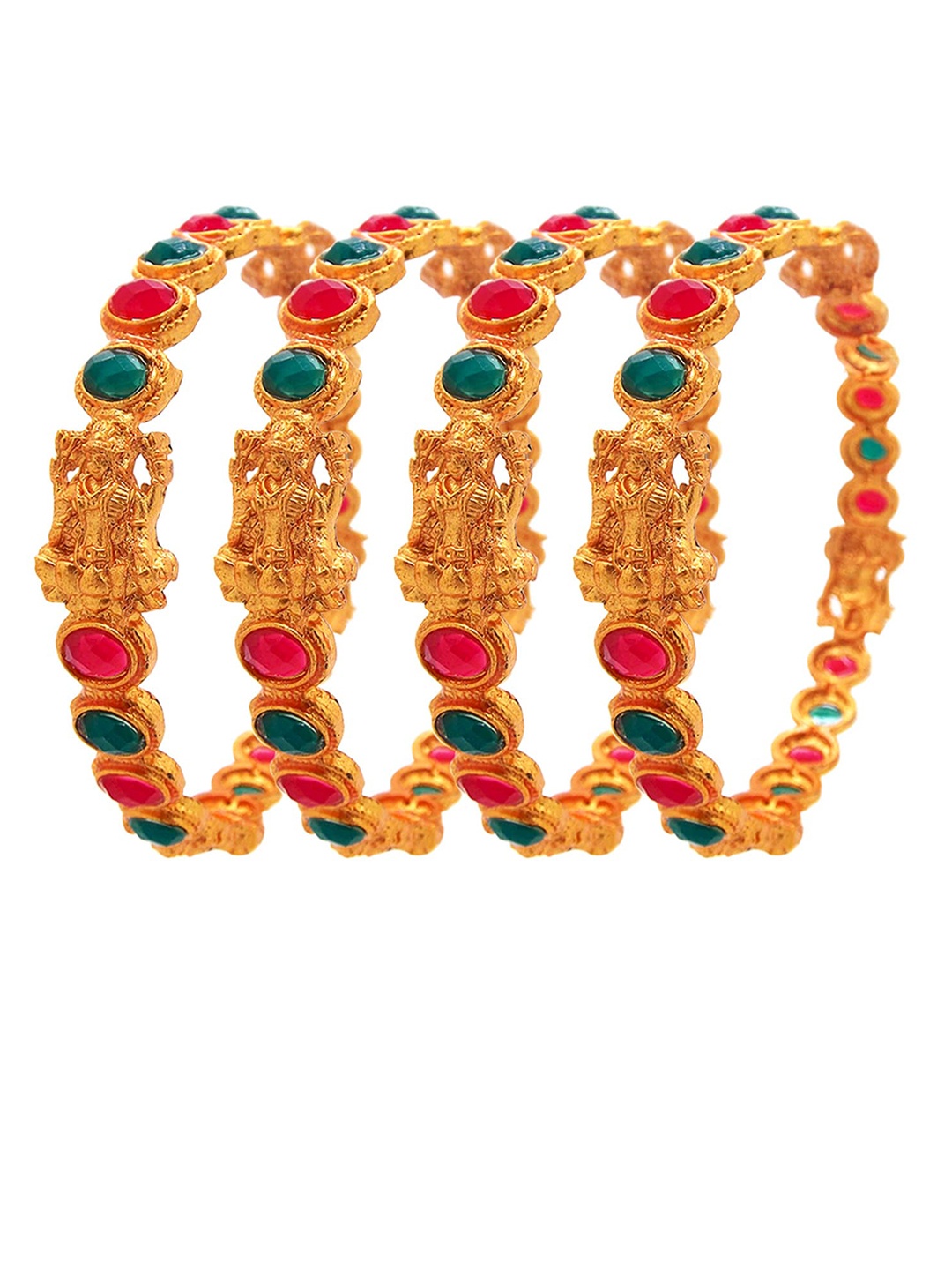 

FEMMIBELLA Set Of 4 Gold-Plated Golden Stone-Studded Laxmi Carved Bangles