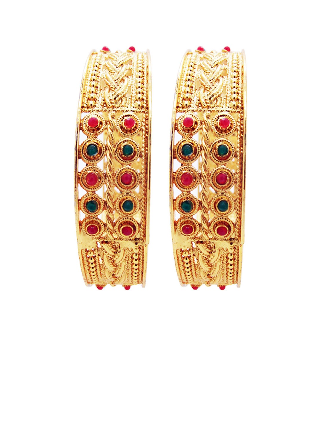 

FEMMIBELLA Set Of 2 Gold-Plated Red & Green CZ-Studded & Beaded Bangles