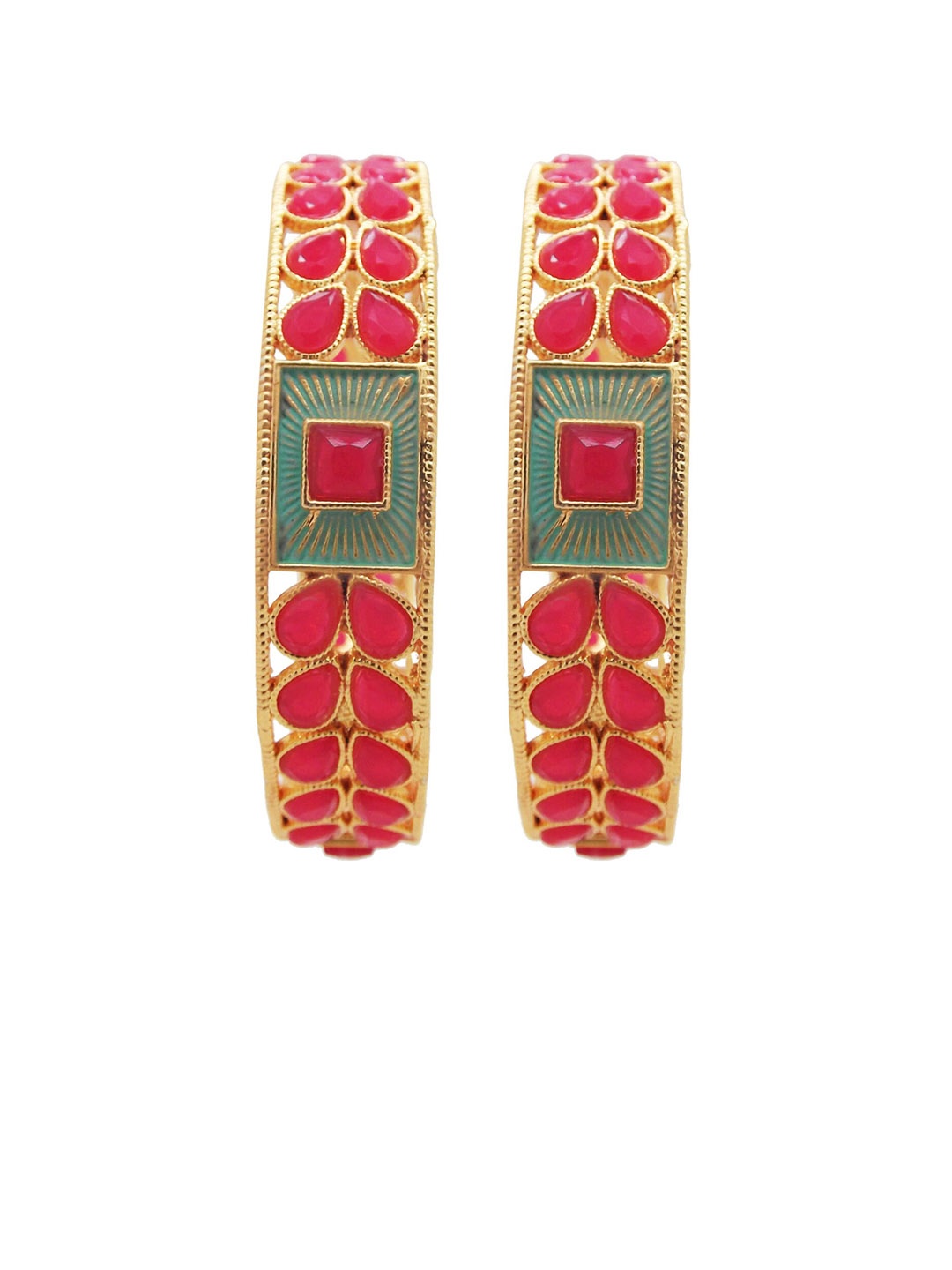 

FEMMIBELLA Set Of 2 Gold-Plated & Pink Stone-Studded Meenakari Bangles, Red