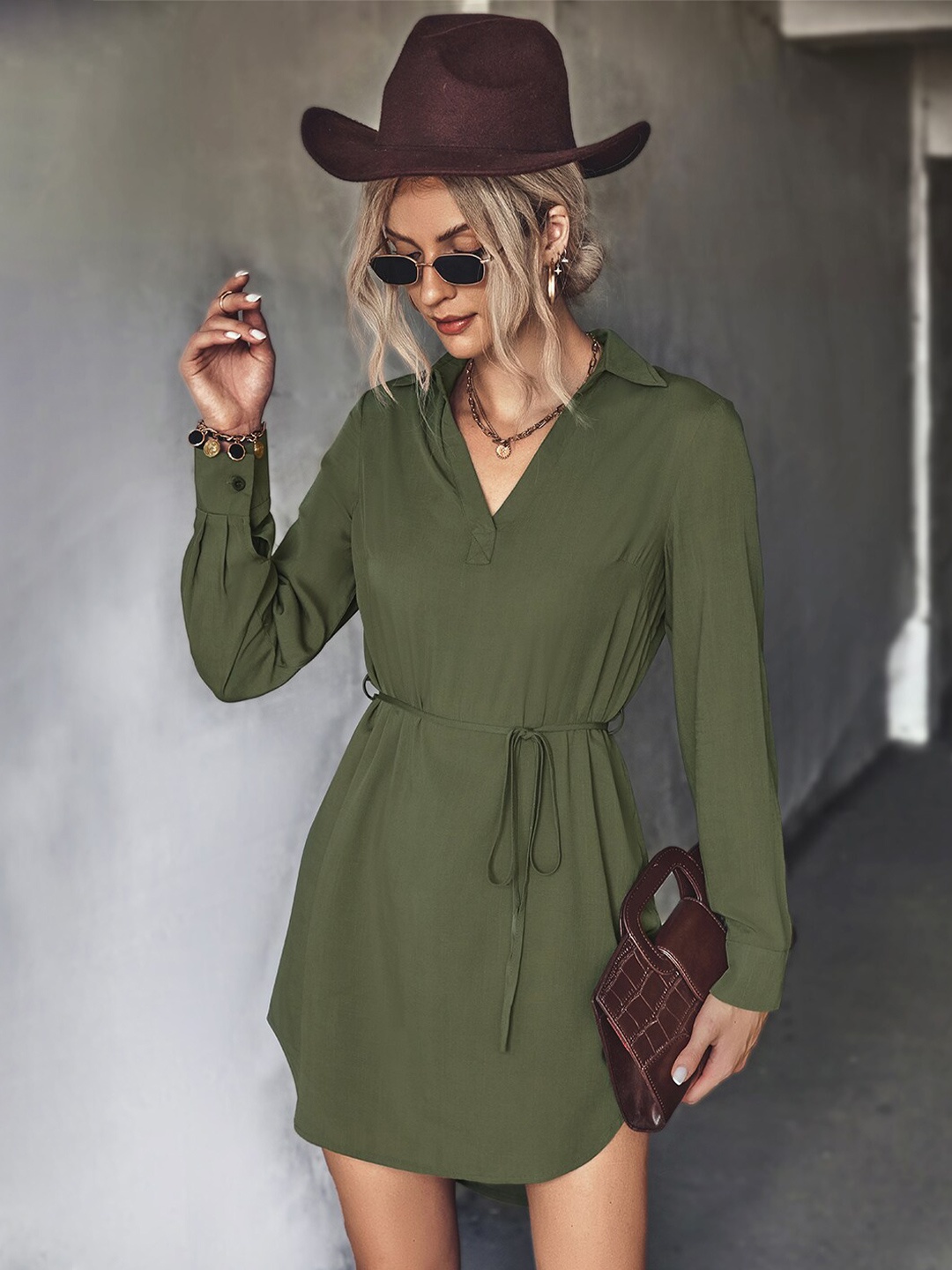 

BoStreet Olive Green Cuffed Sleeve Shirt Dress