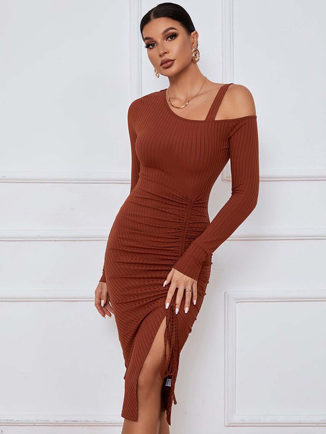 

BoStreet Brown One Shoulder Bodycon Dress