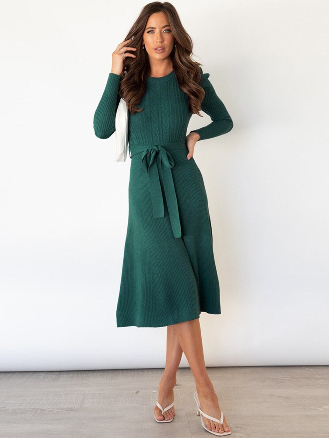 

BoStreet Green A-Line Midi Long Sleeves Dress