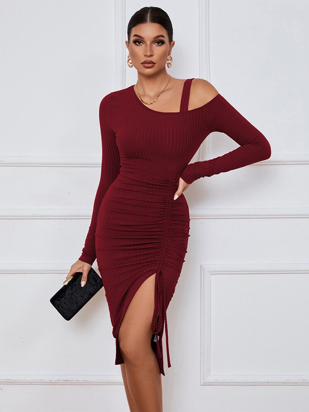 

BoStreet Women Solid Polyester Bodycon Dress, Maroon