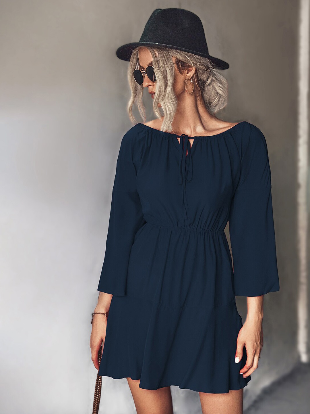 

BoStreet Navy Blue Solid Tie-Up Neck Dress