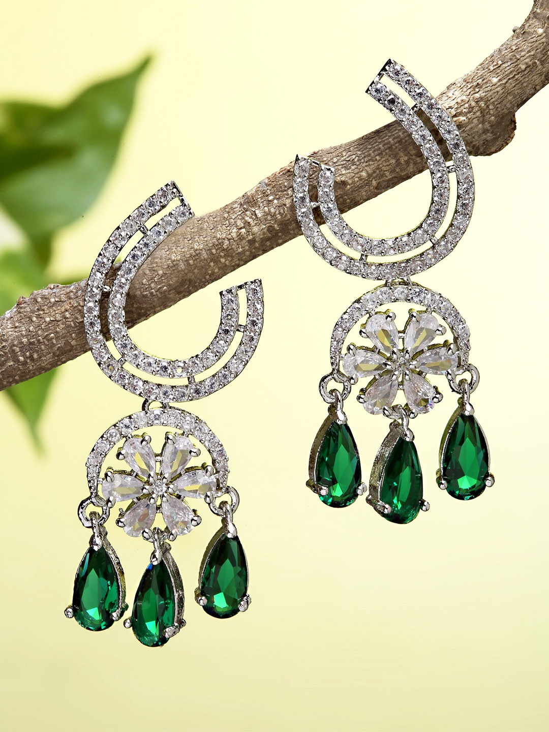 

KARATCART Green & Silver-Toned Circular Drop Earrings