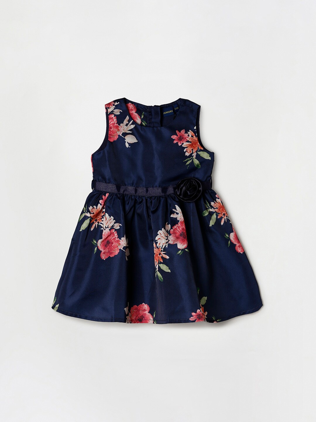 

Juniors by Lifestyle Navy Blue Floral Printed Fit and Flare Dress with Corsage