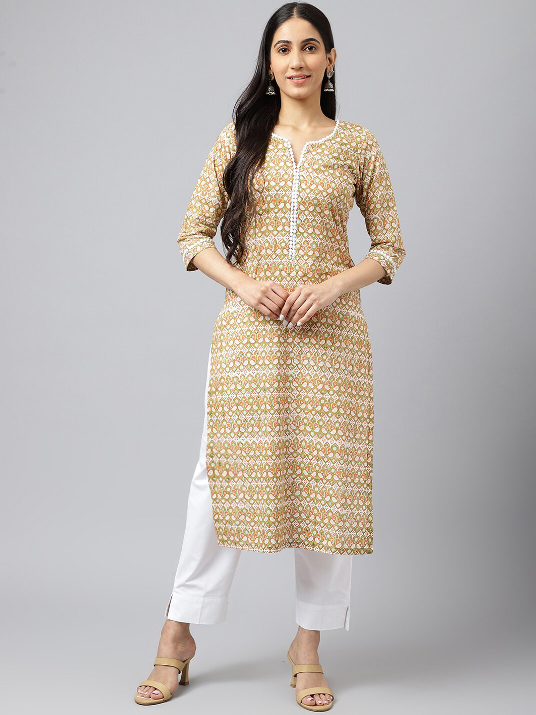 

SHRINKHLA Women Brown Ethnic Motifs Printed Pure Cotton Kurta with Trousers