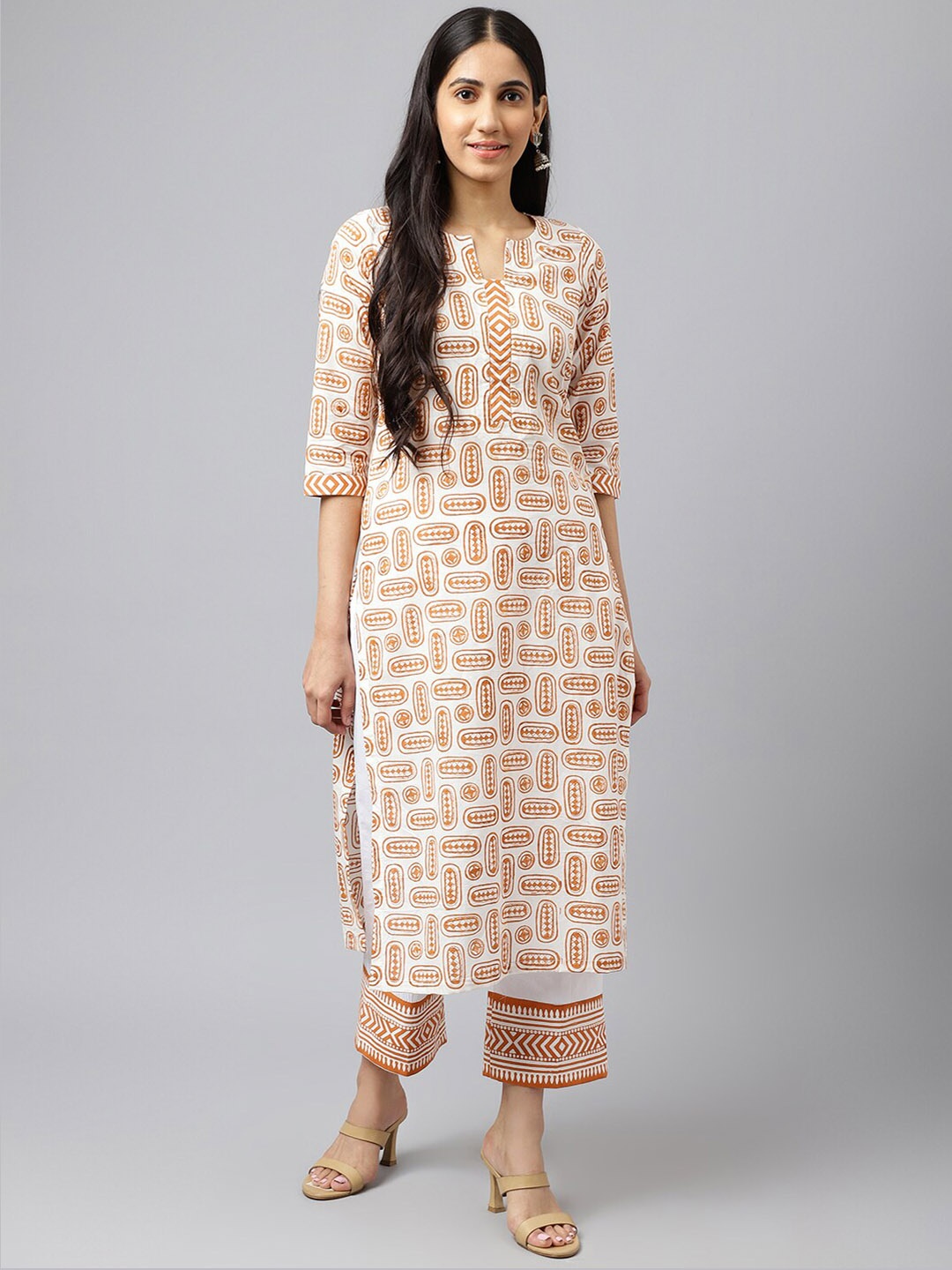 

SHRINKHLA Women White Printed Pure Cotton Kurta with Trousers