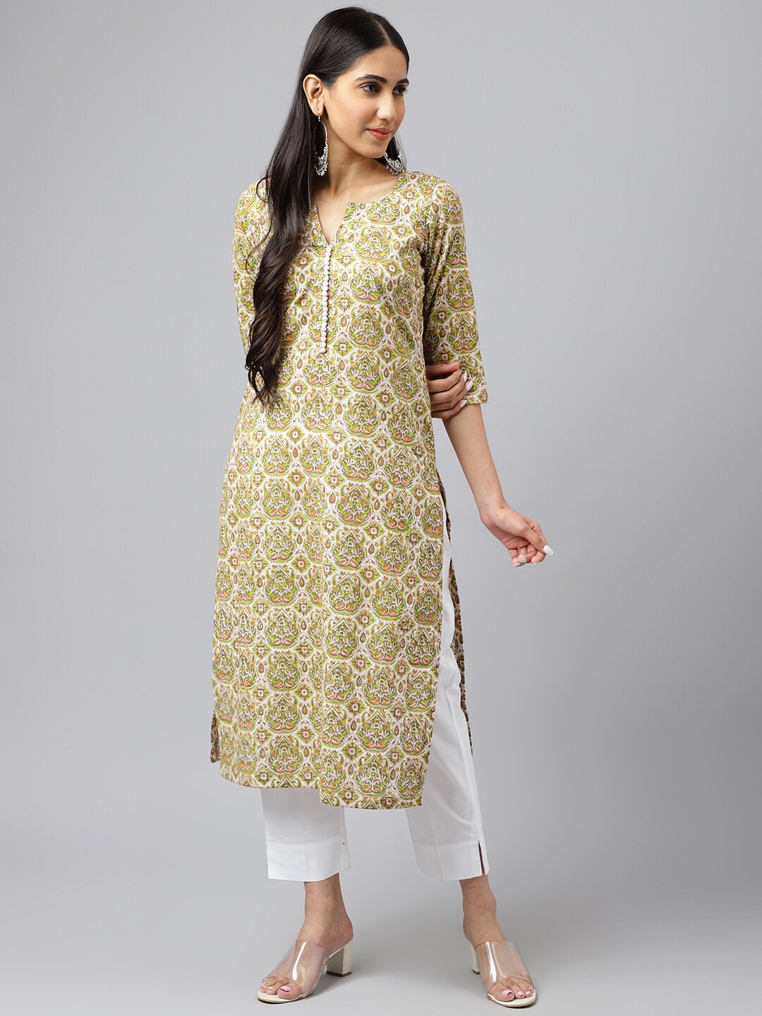

SHRINKHLA Women Green Floral Printed Pure Cotton Kurta with Trousers