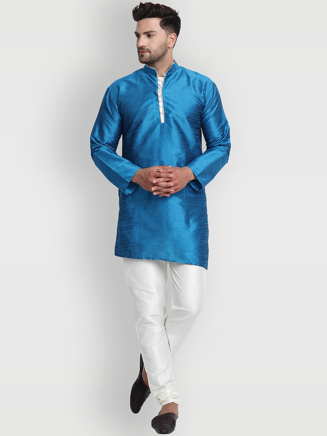 

Enciger Men Turquoise Blue Dupion Silk Kurta with Churidar