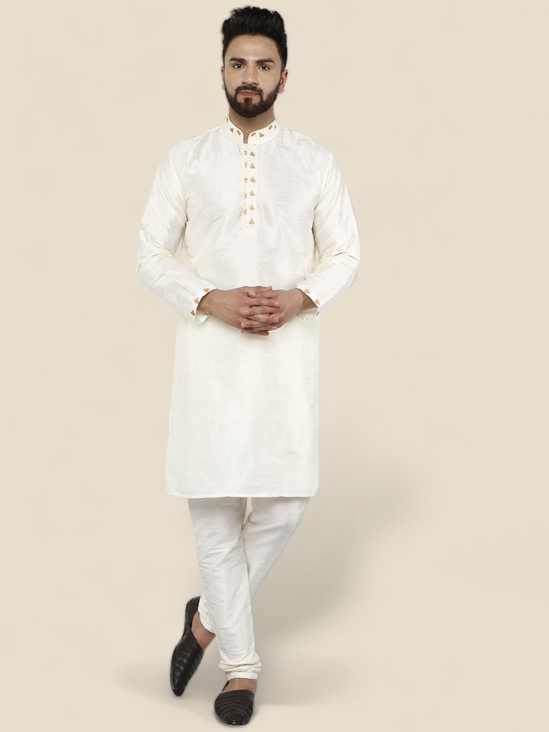 

Enciger Men Off White Dupion Silk Kurta with Churidar